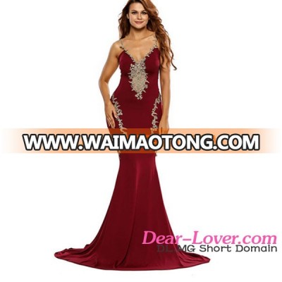 2017 Women Clothes Sexy Deluxe Lace Applique Burgundy Mermaid Party Gown Dress